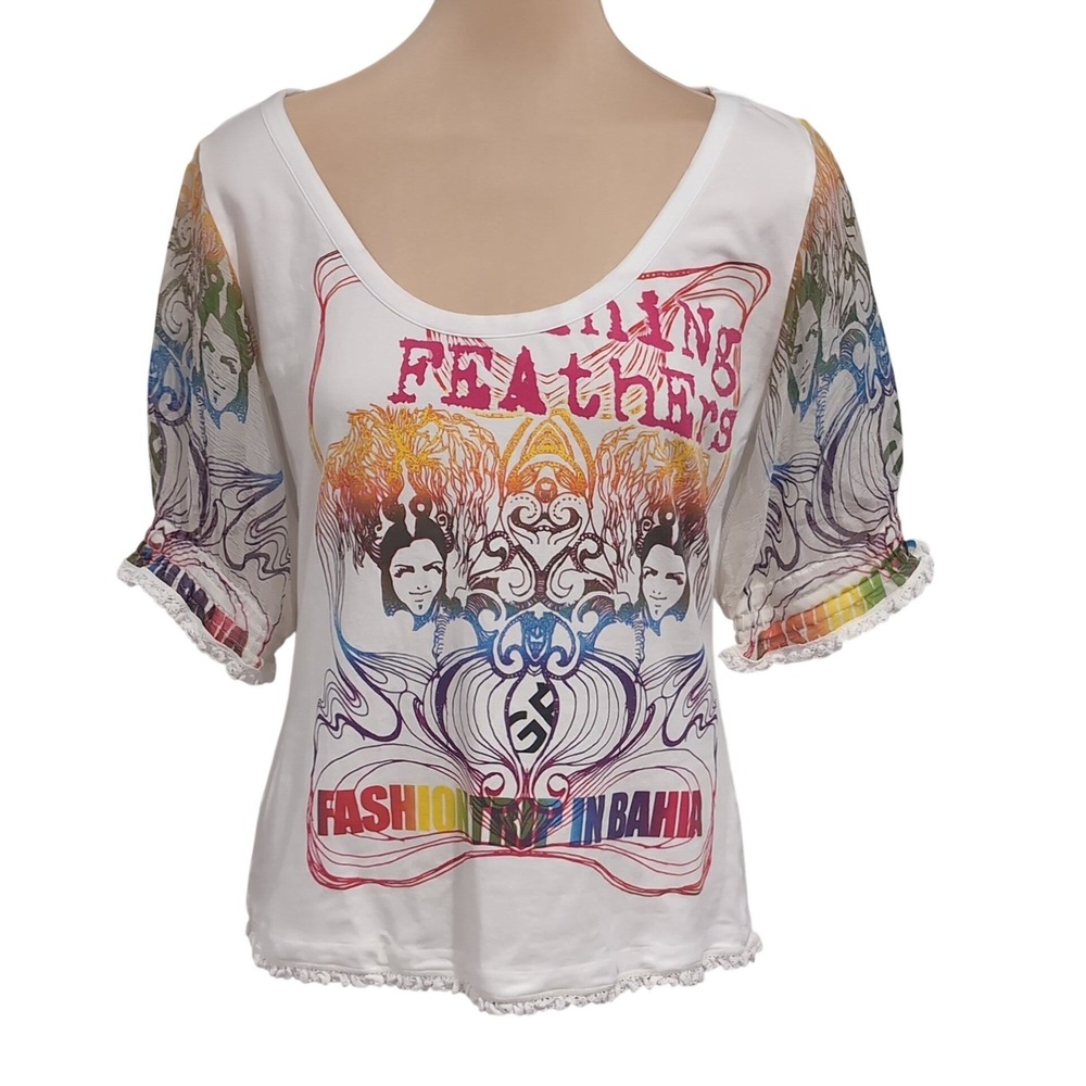 GF Ferre Graphic Tee Cotton Sheer Silk Balloon Sleeve Rhinestone 93 Coll Bahia L